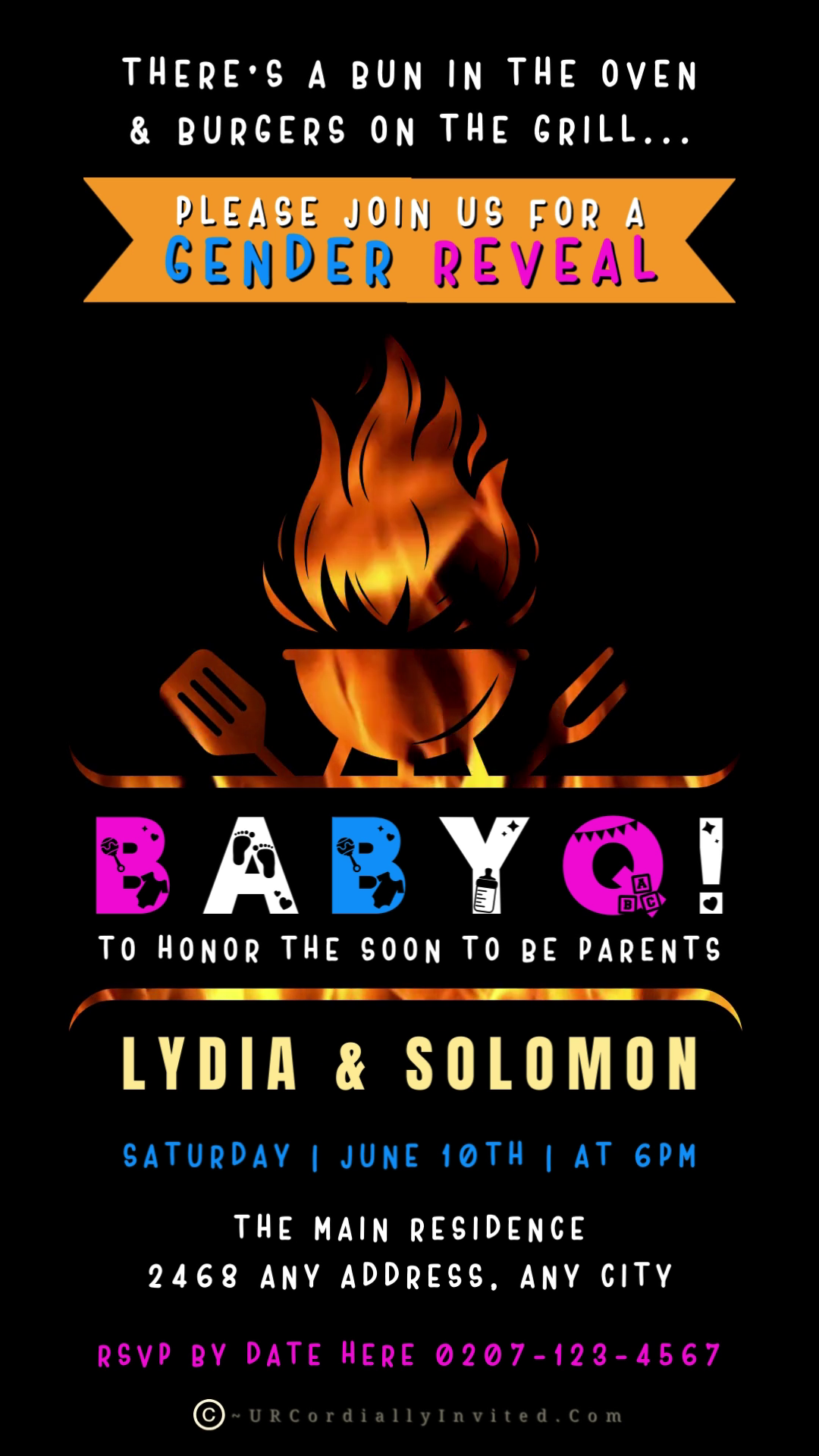 flaming hot grill with colorful BABAQ in blue white and pink colorsAnimated BABYQ Flaming Grill | Digital Gender Reveal Invite