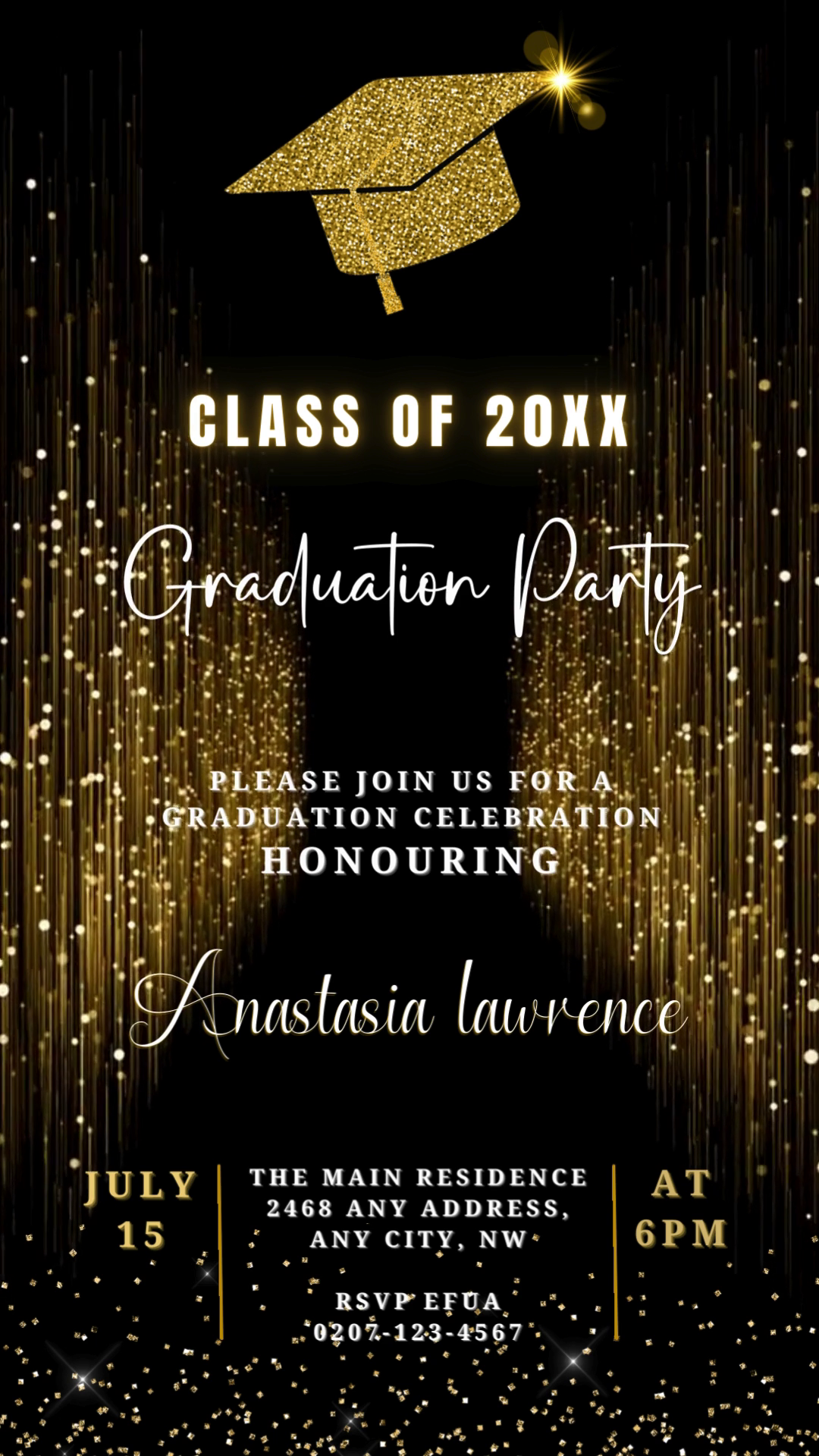 Gold Glitter Graduation Video Invitation with customizable text, showcased on a black background with gold lights, ideal for digital sharing via smartphone.