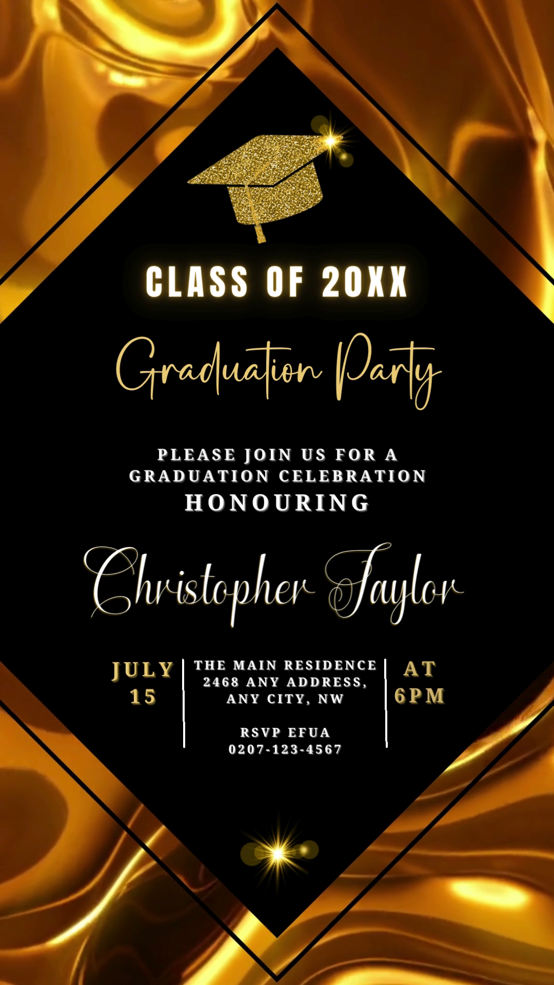 Customizable black and gold glitter digital graduation video invitation template, editable via Canva for smartphones, featuring celebratory text and a gold glitter graduation cap.