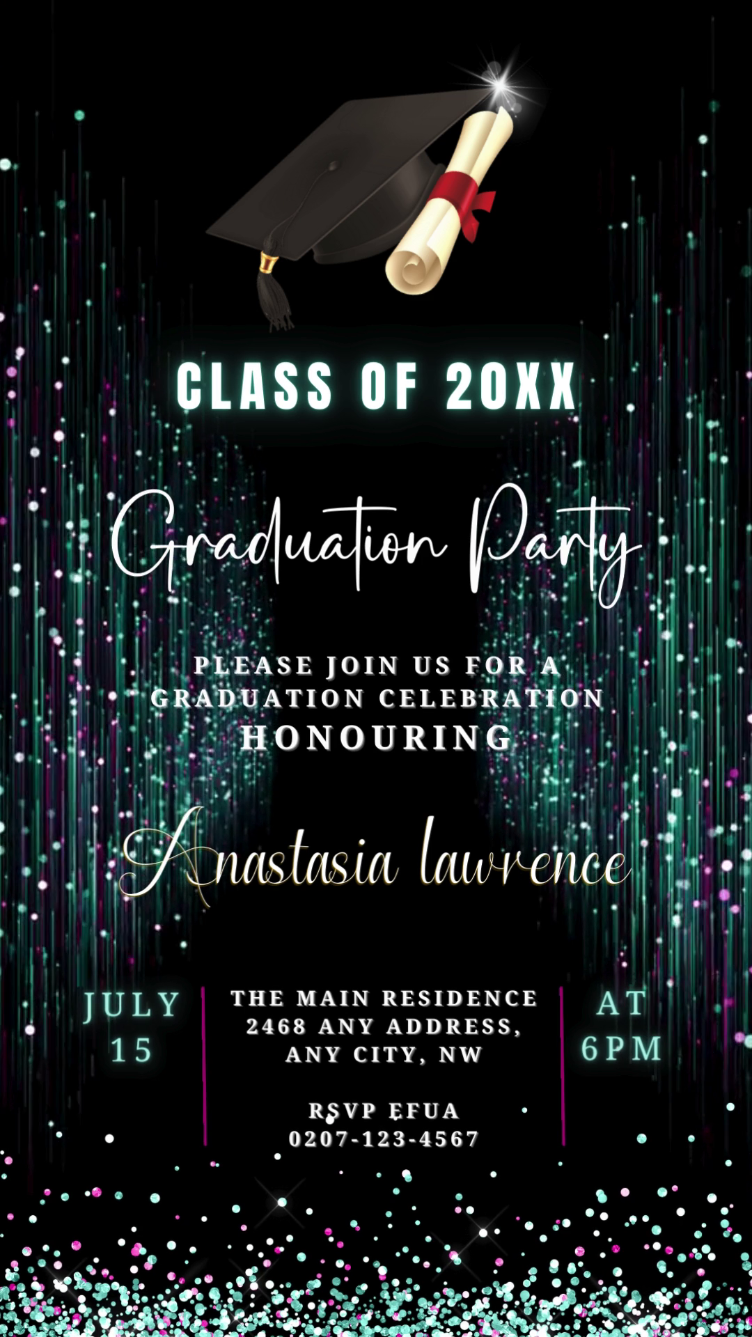 Graduation video invitation with white text on a black background, featuring purple and green lights, a diploma, and a graduation cap.
