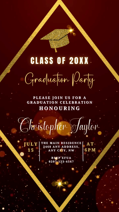 Burgundy Gold Glitter Graduation Video Invitation template customizable via Canva, featuring elegant text and gold accents. Ideal for electronic sharing.