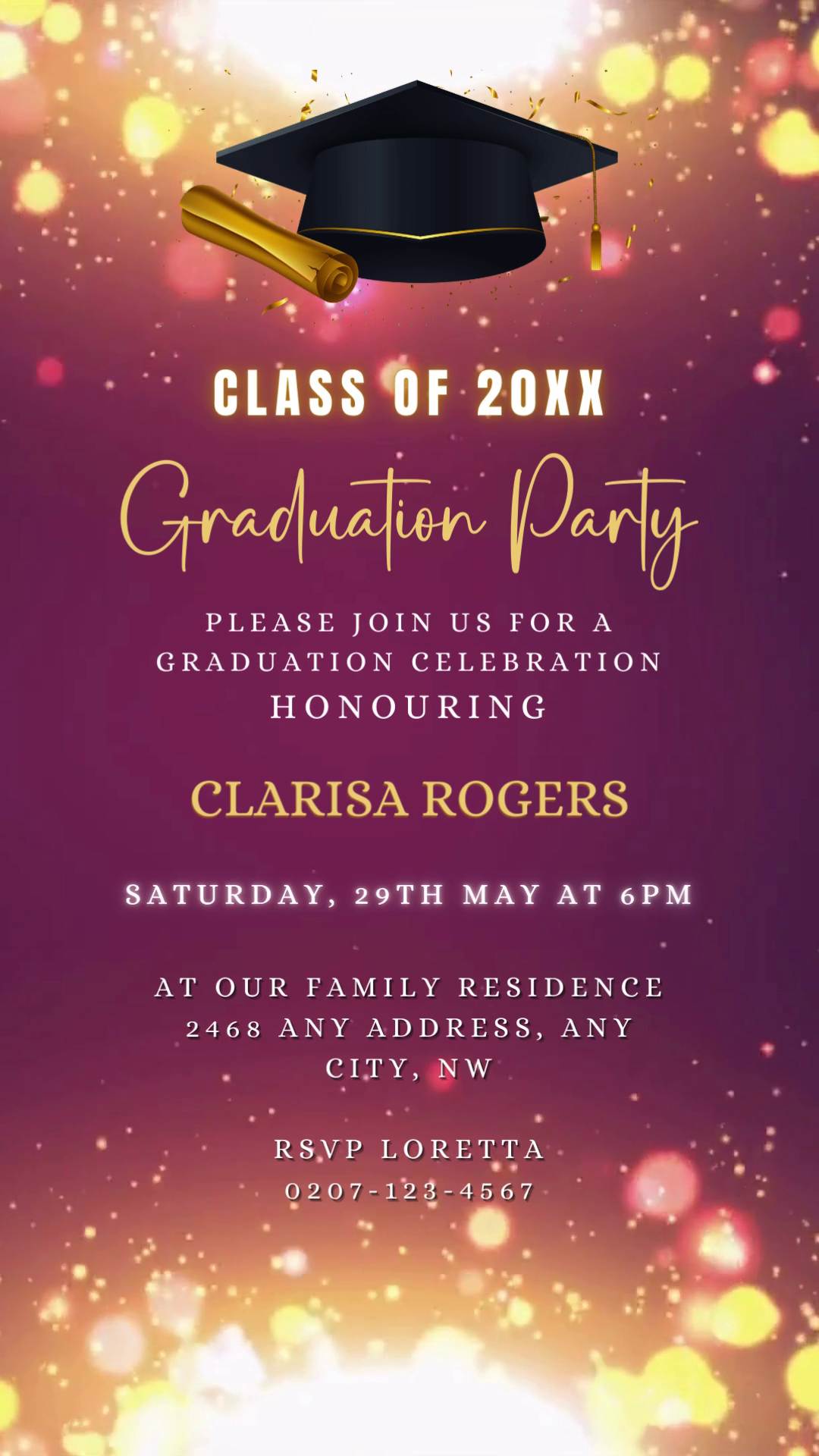 Customizable Maroon Gold Glitter Graduation Video Invitation template with a graduation cap and diploma, editable via Canva for digital sharing.