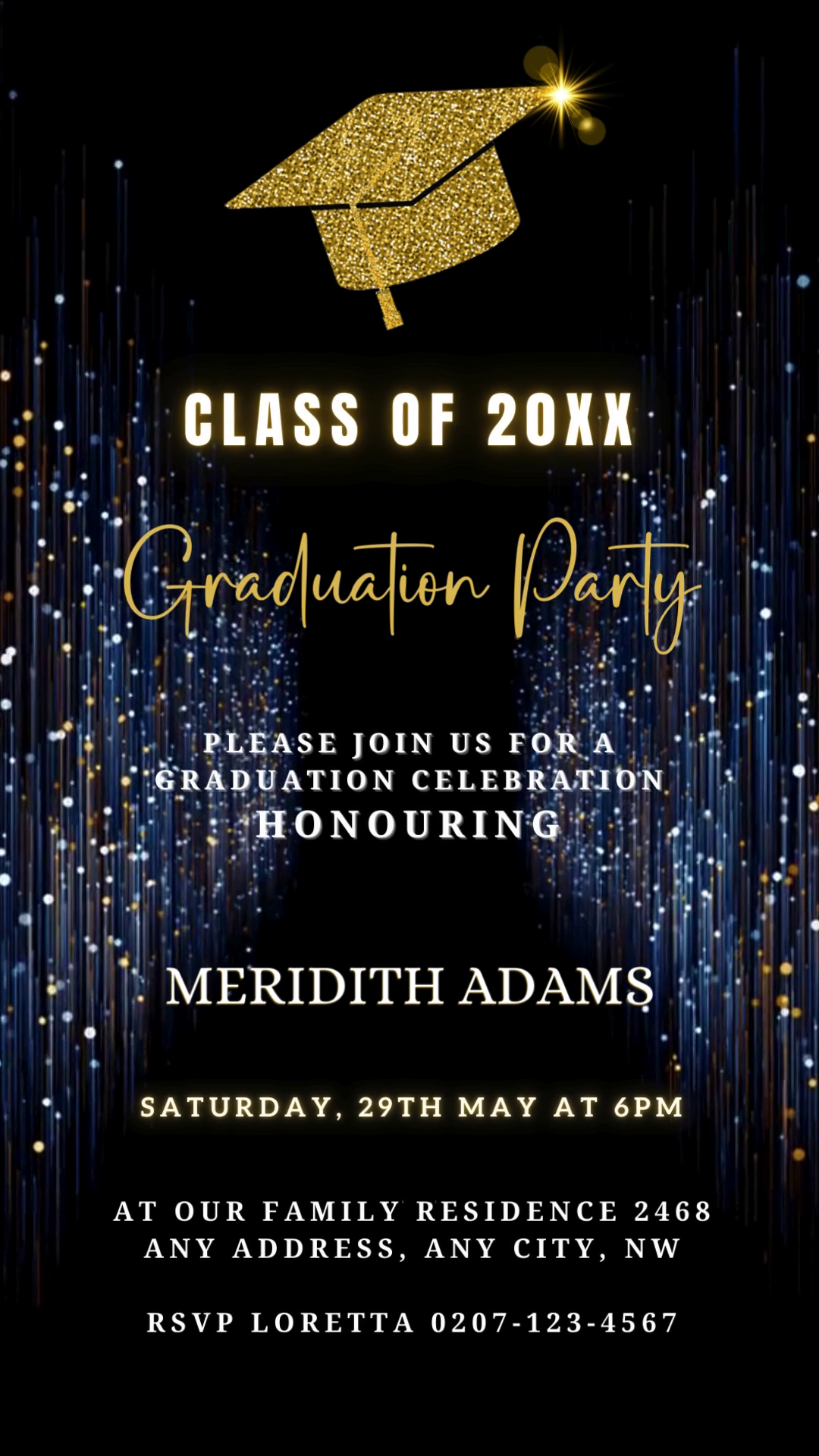 Gold Navy Glitter Graduation Video Invitation featuring customizable text and gold accents. Editable in Canva for a personalized digital invitation.