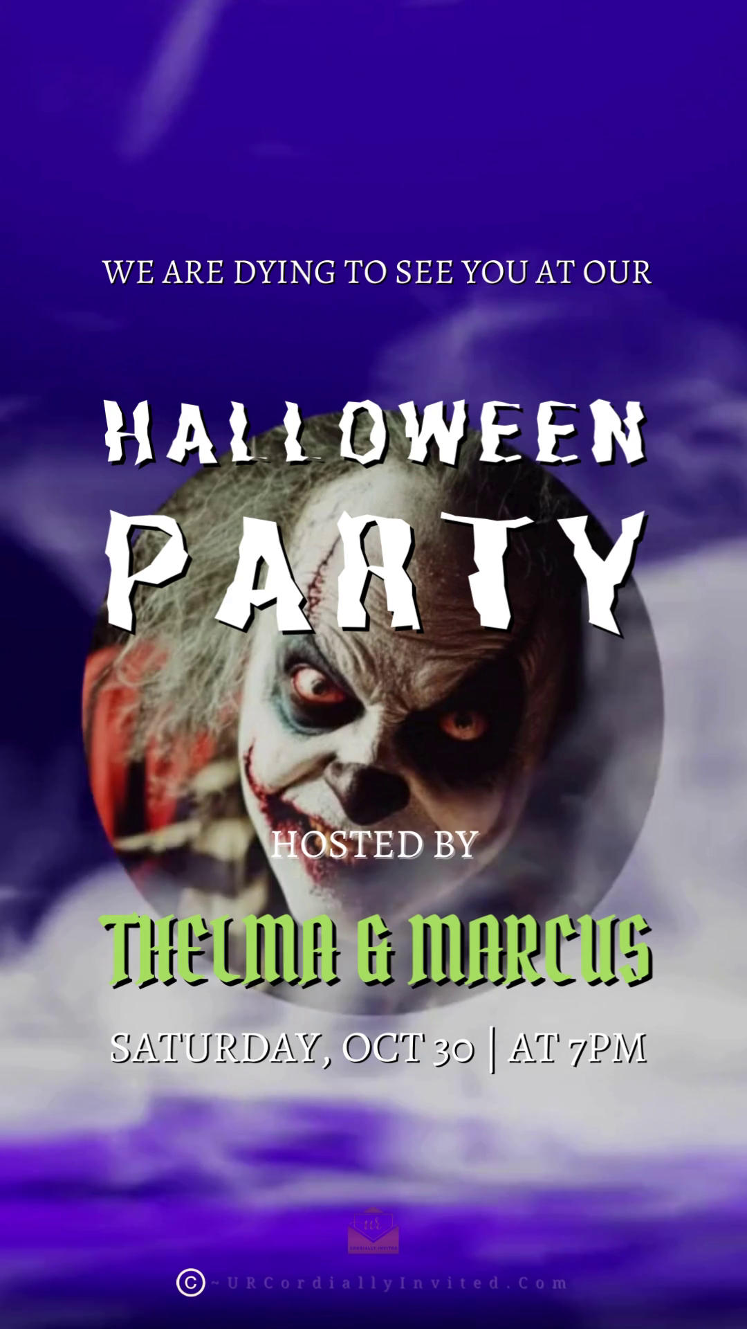 Misty Horrific Beetlejuice Halloween Party Video Invite featuring an animated pumpkin with swirling purple smoke, setting an eerie and enchanting tone for your Halloween celebration.