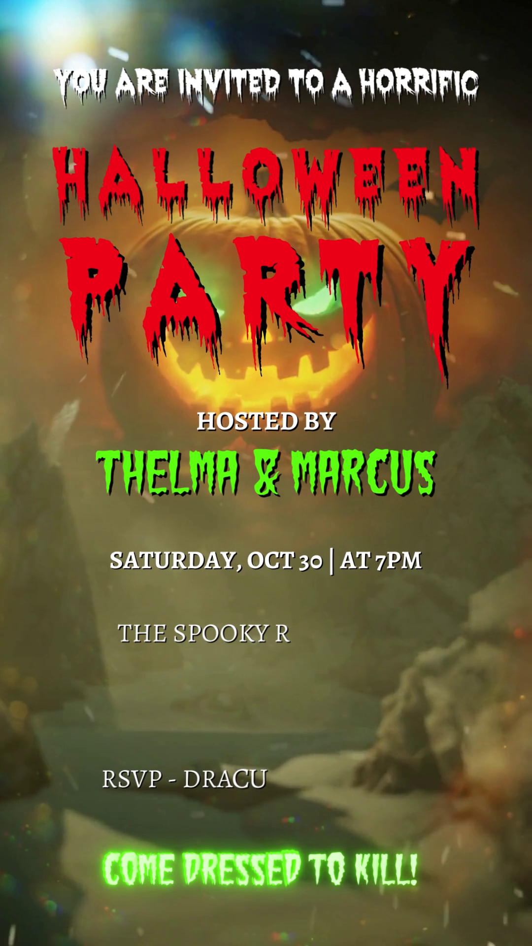 Creepy Halloween Party Video Invitation featuring a Beetlejuice theme with eerie visuals, red dripping text, and spooky animated effects.