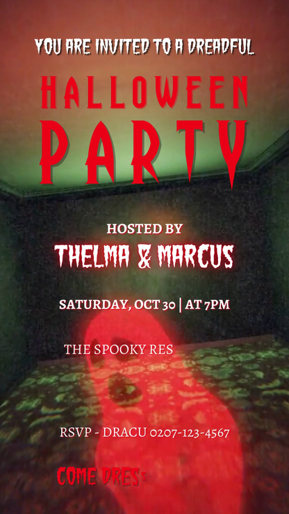 Beetlejuice Halloween Party Video Invitation showcasing spooky red and green animated text, capturing the eerie essence of the film for a fun, customizable digital invite.