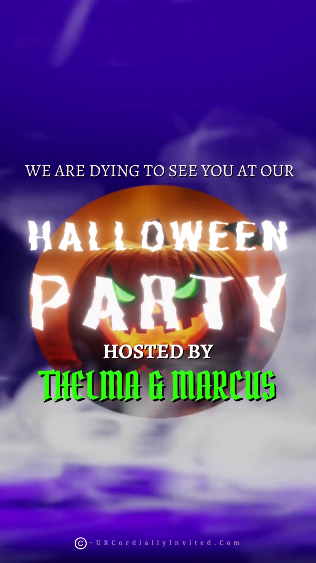 Misty Purple Smoke Pumpkin Halloween Party Video Invite featuring an animated pumpkin surrounded by swirling purple smoke and green text on a black background.