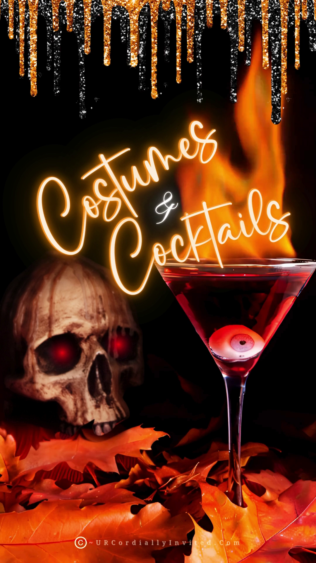 Electrifying Skull Halloween Party Video Invitation featuring a red-eyed skull with a glass of red liquid and fiery sparkles.