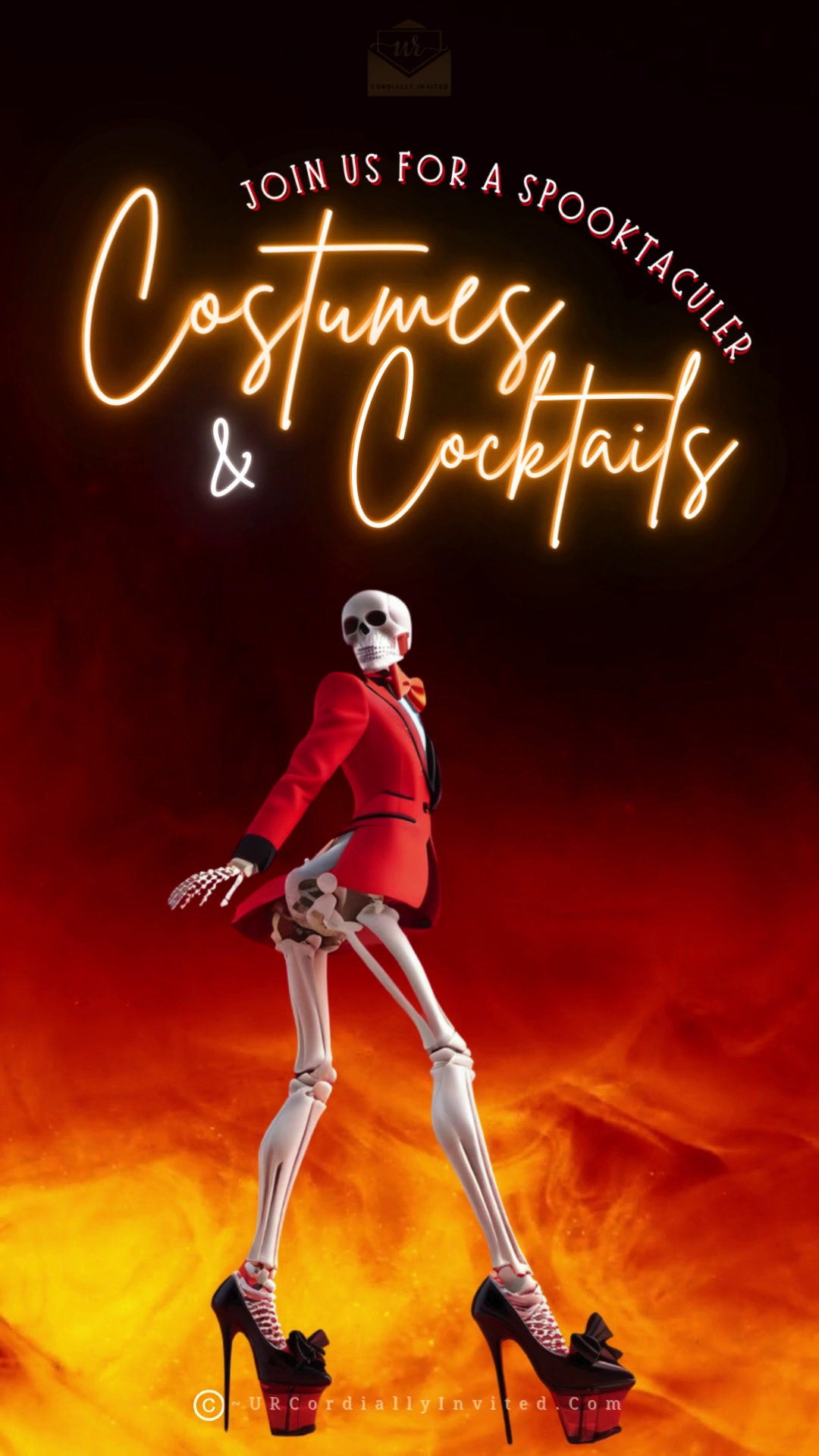 Costumes & Cocktails Halloween Video Invitation featuring a skeleton in a red suit, high heels, and a neon sign, perfect for spooky gatherings.