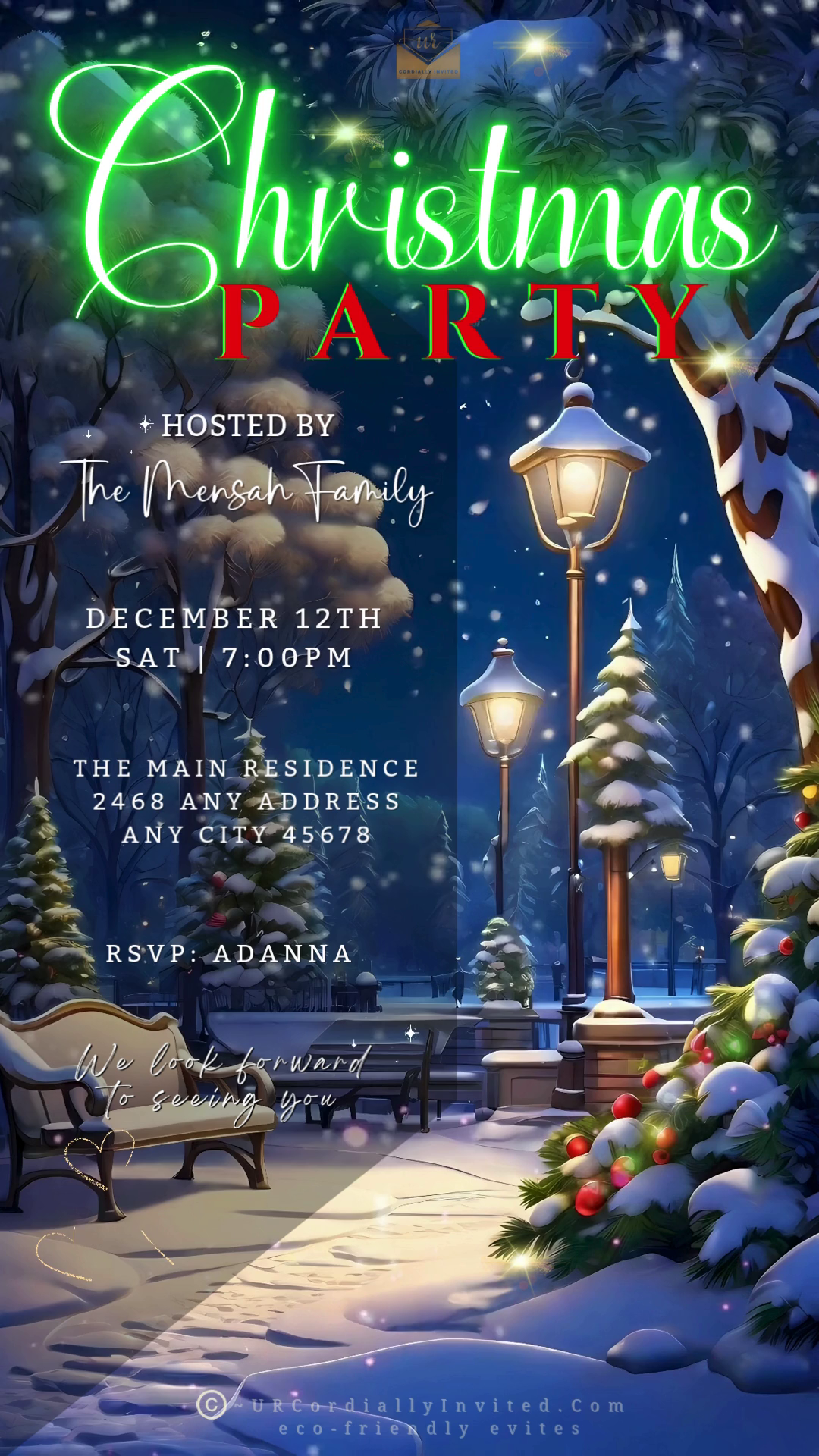 Christmas Party Video Invitation featuring a decorated winter scene with a Christmas tree and lamp post, capturing a festive atmosphere for holiday gatherings.