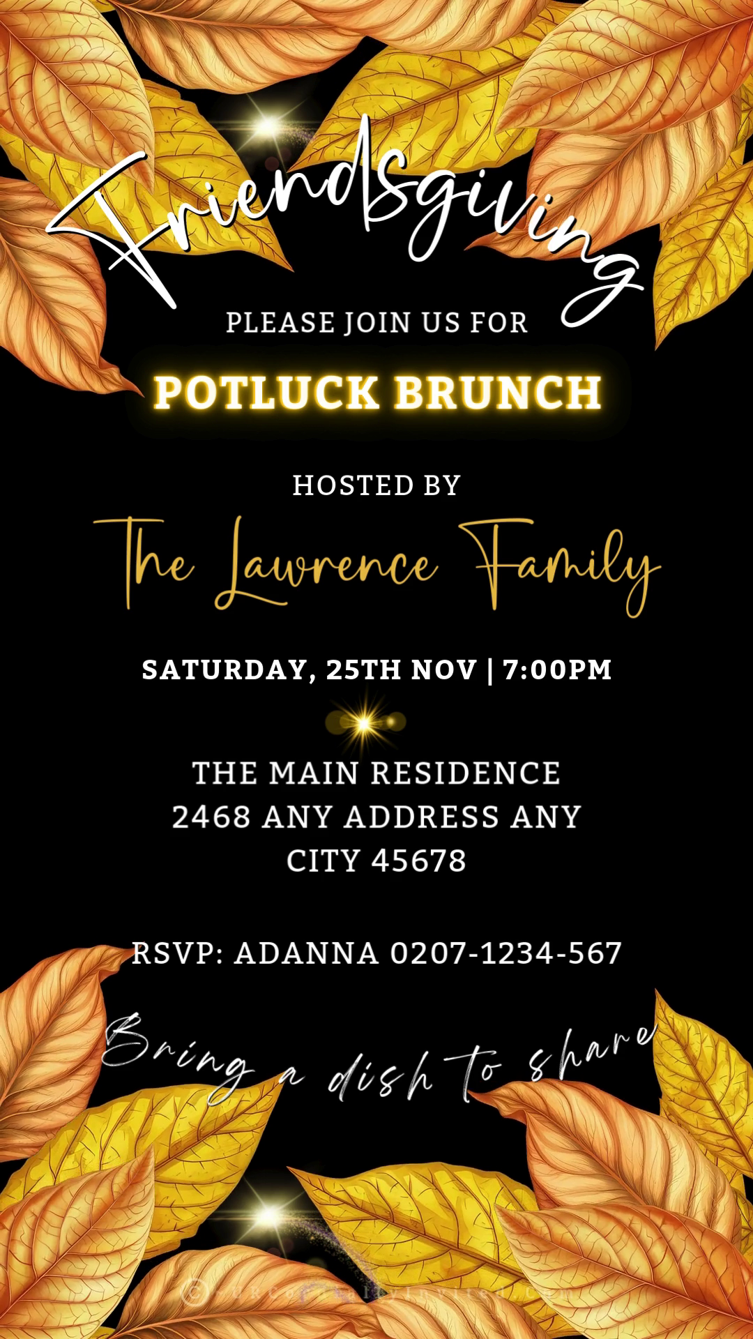 Elegant digital invitation featuring black and gold design with yellow leaves, intended for Friendsgiving Potluck Brunch Thanksgiving Video Invitation. Perfect for customizing in Canva.