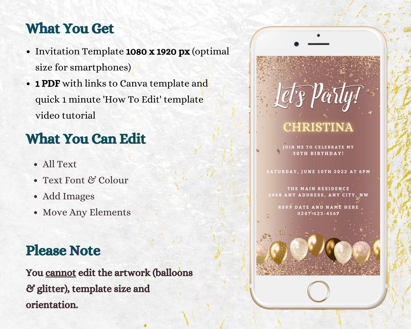 Rose Gold Balloons | Editable Birthday Evite displayed on a smartphone screen, showcasing a customizable digital invitation template for personal events.