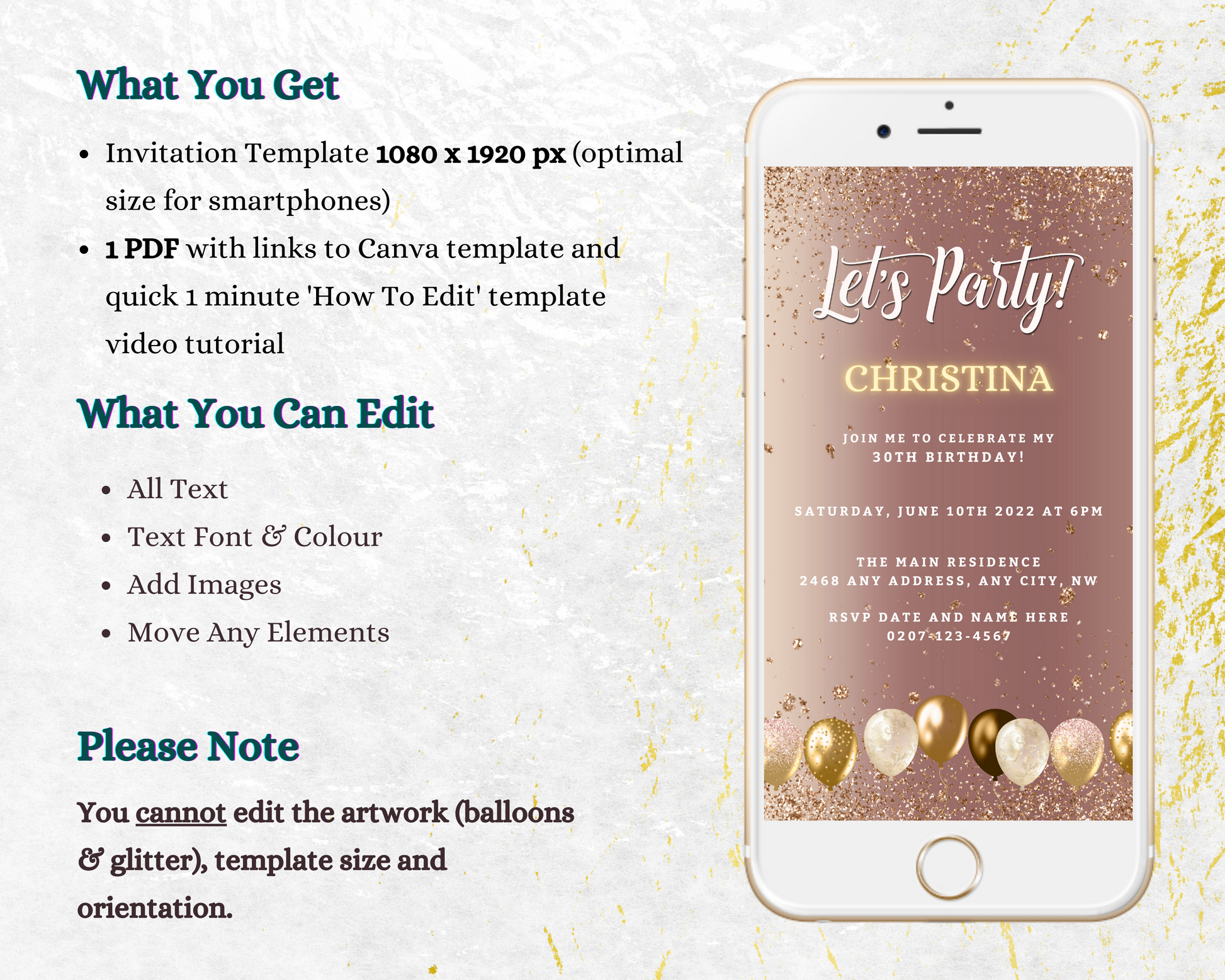 Rose Gold Balloons | Editable Birthday Evite displayed on a smartphone screen, showcasing a customizable digital invitation template for personal events.