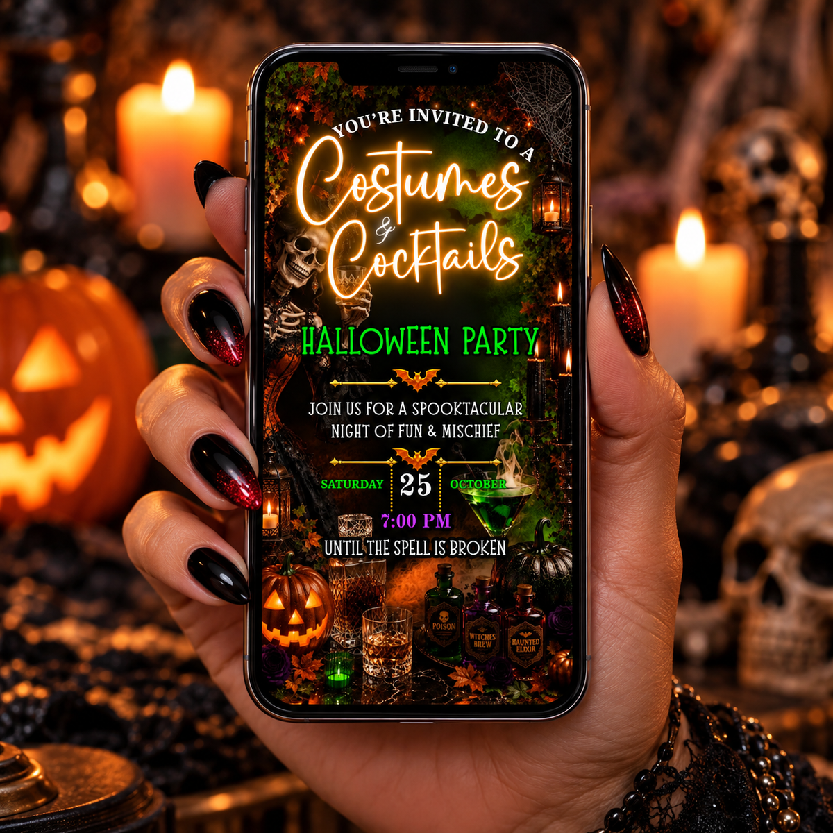 A hand with black and red nails holds a phone displaying an elegant Halloween party invitation in dark, festive colors.
