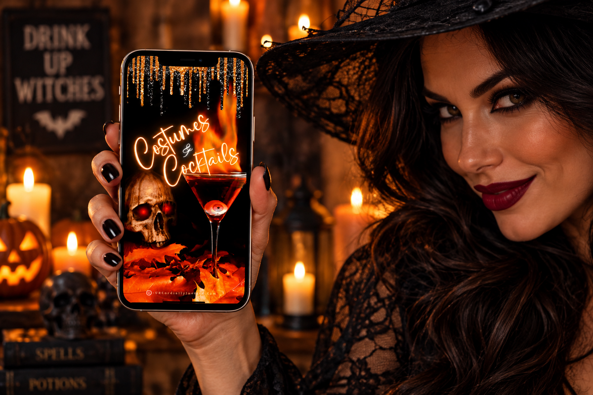 Woman in witch costume displays a phone showing a spooky Halloween invitation with black and orange accents.