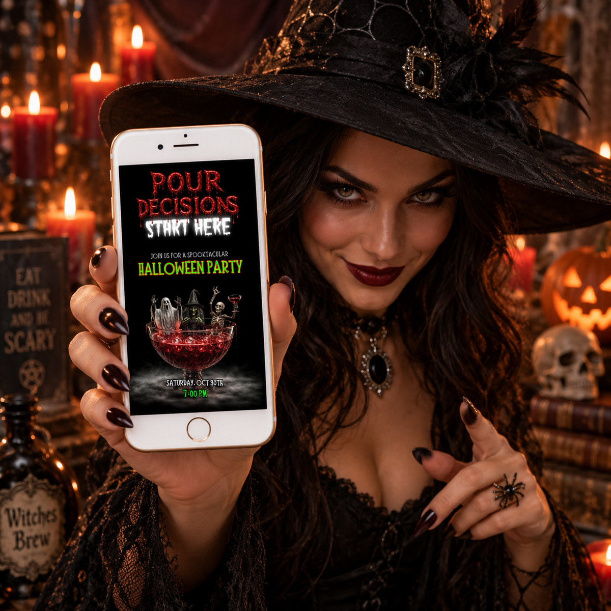 Woman in witch costume displays Halloween cocktail party video invite on phone, surrounded by spooky decorations.