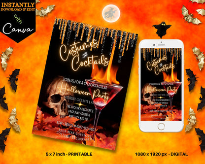 Editable Costumes and Cocktails Halloween Party Invitation, Printable Adult Party Neon Invite, Digital Canva Template, Instant DOWNLOAD. Best selling orange black boos and booze skull elegant halloween invite on sale now