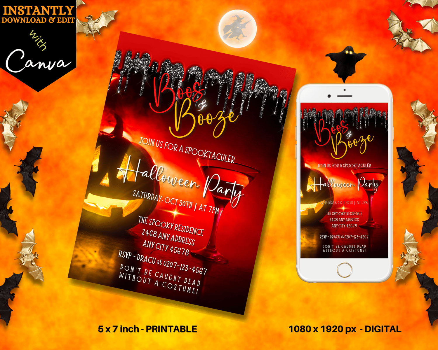 BOOS & BOOZE RED HOT PUMPKIN | HALLOWEEN EVITE showing a phone screen with a Halloween-themed invitation featuring a pumpkin and cocktail.